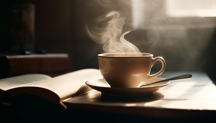 Bezpłatny plik Zdjęcie świeże cappuccino na drewnianym stole unosi się para generowana przez sztuczną inteligencję