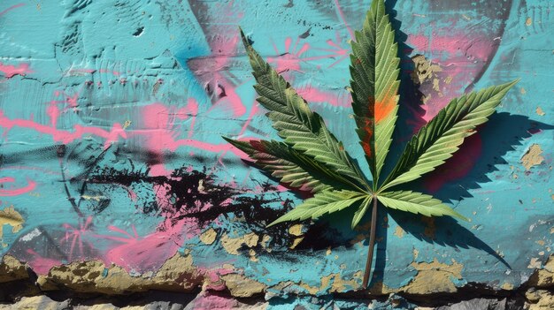 Świeże i żywe zielone liście marihuany na zróżnicowanym tle