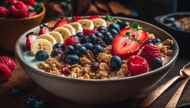 Świeże jagody i muesli to zdrowy przysmak śniadaniowy generowany przez sztuczną inteligencję