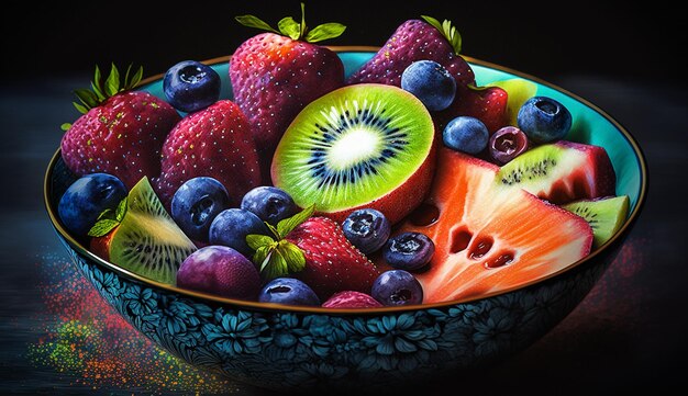 Świeże jagody i truskawki w kolorowej misce generatywnej AI