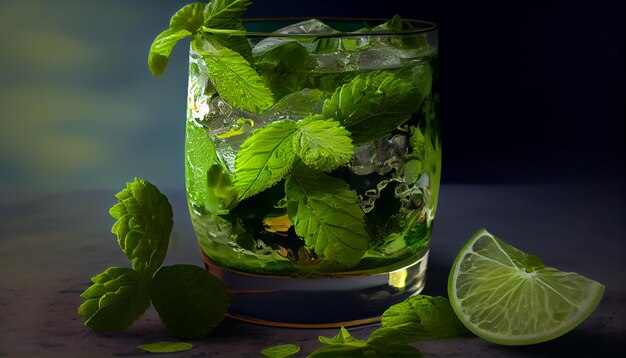 Świeże miętowe mojito z zielonym lodem i limonką generatywną AI