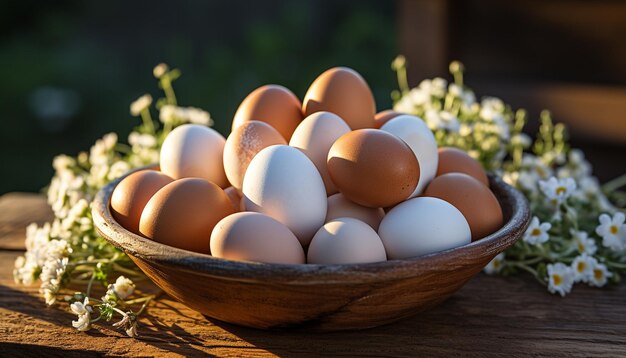 Świeże organiczne jajka na rustykalnym drewnianym stole natura zdrowe białko generowane przez sztuczną inteligencję