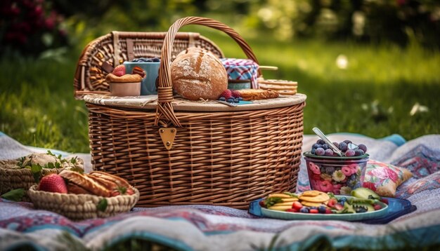 Świeże organiczne owoce i chleb na posiłek piknikowy wygenerowany przez AI