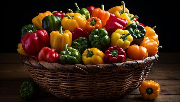 Świeże organiczne warzywa w drewnianym koszyku zdrowe i kolorowe generowane przez sztuczną inteligencję