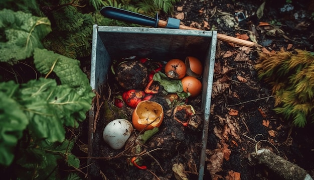 Bezpłatne zdjęcie Świeże organiczne warzywa w rustykalnym koszu prosto z farmy wygenerowanej przez ai