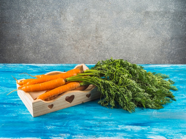 Bezpłatne zdjęcie Świeże organicznie marchewki w tacy na błękitnej drewnianej powierzchni