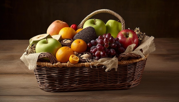Świeże owoce i warzywa na rustykalnym stole wygenerowanym przez sztuczną inteligencję