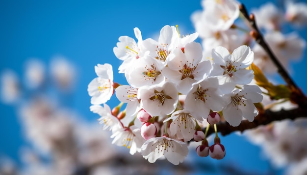 Świeże płatki wiśni zdobią wiosenne gałęzie generowane przez sztuczną inteligencję