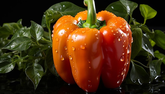 Bezpłatne zdjęcie Świeże warzywa, mokre liście, zielony pieprz, dojrzałe pomidory generowane przez sztuczną inteligencję.