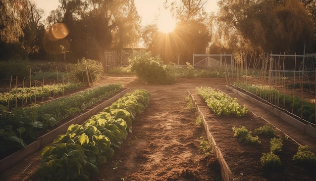 Świeże warzywa rosną w organicznym ogrodzie generowanym przez sztuczną inteligencję
