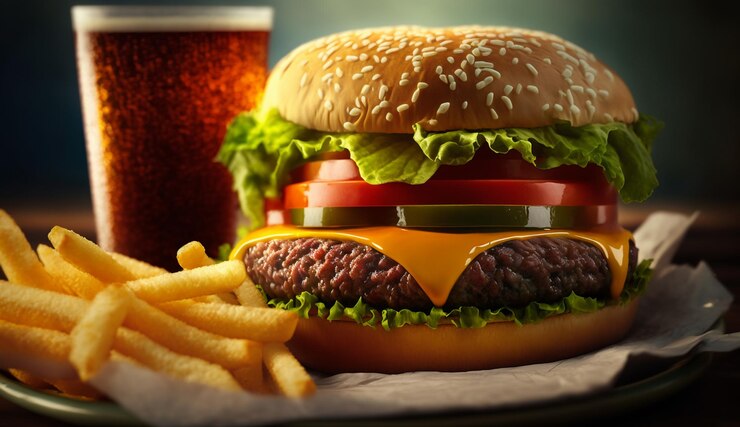 Bezpłatny plik Zdjęcie świeżo przygotowany posiłek hamburgerowy z serem i frytkami generative ai