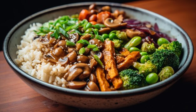 Świeżo ugotowany posiłek wegetariański z brokułami gotowanymi na parze wygenerowany przez AI