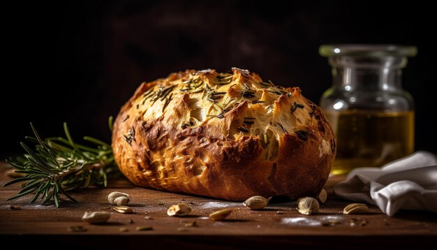 Bezpłatne zdjęcie Świeżo upieczona ciabatta na rustykalnym drewnianym stole wygenerowanym przez ai