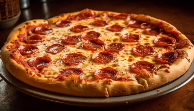 Świeżo upieczona pizza dla smakoszy na rustykalnym drewnianym stole generowanym przez sztuczną inteligencję
