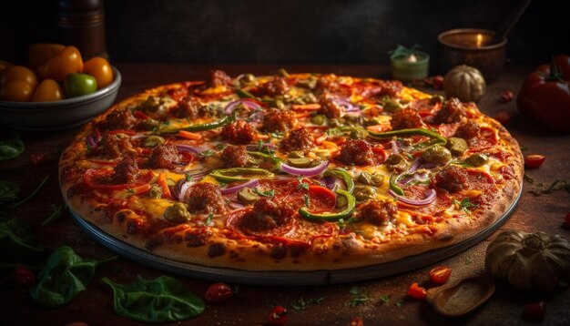 Świeżo upieczona pizza na rustykalnym drewnianym stole wygenerowana przez sztuczną inteligencję