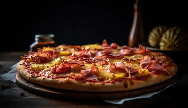 Świeżo upieczona pizza na rustykalnym drewnianym stole wygenerowana przez sztuczną inteligencję