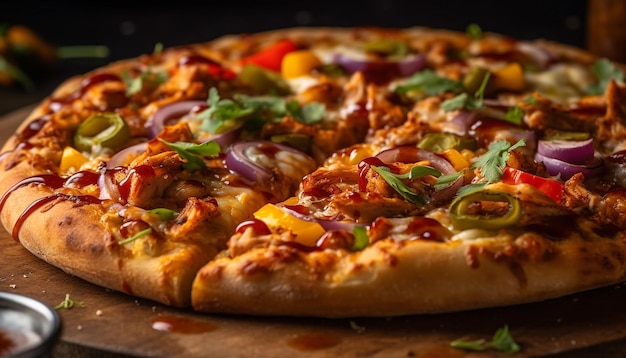 Bezpłatne zdjęcie Świeżo upieczona pizza na rustykalnym drewnianym stole wygenerowana przez sztuczną inteligencję