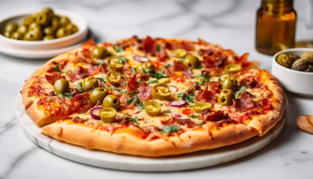 Bezpłatne zdjęcie Świeżo upieczona pizza z mozzarellą i salami wygenerowana przez ai