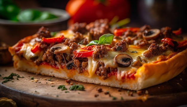 Bezpłatne zdjęcie Świeżo upieczona rustykalna pizza z mozzarellą i mięsem wygenerowana przez ai