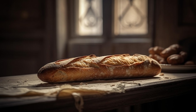 Bezpłatne zdjęcie Świeżo upieczony chleb na rustykalnym drewnianym stole wygenerowanym przez ai