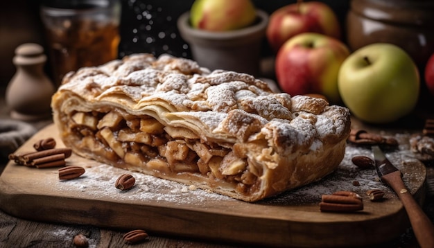 Świeżo upieczony strudel jabłkowy na rustykalnym drewnie wygenerowanym przez sztuczną inteligencję