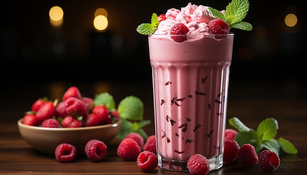 Świeżość deseru malinowego w napoju jogurtowym Wyśmienity koktajl jagodowy generowany przez sztuczną inteligencję