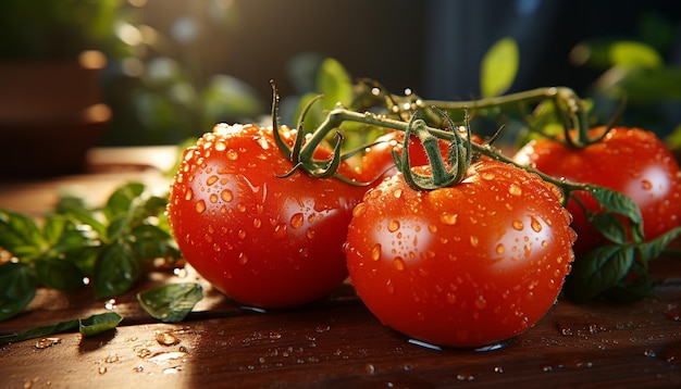 Bezpłatne zdjęcie Świeżość dojrzałej pomidorowej natury, zdrowa sałatka dla smakoszy generowana przez sztuczną inteligencję