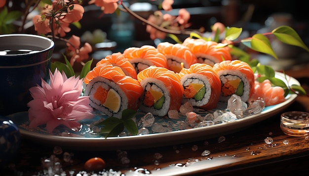 Bezpłatne zdjęcie Świeżość i kultura na talerzu japoński posiłek z owoców morza zdrowe odżywianie generowany przez sztuczną inteligencję