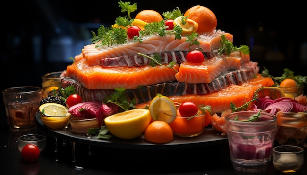 Bezpłatne zdjęcie Świeżość i różnorodność na grillu, mięsa i warzyw, owoców morza generowana przez sztuczną inteligencję