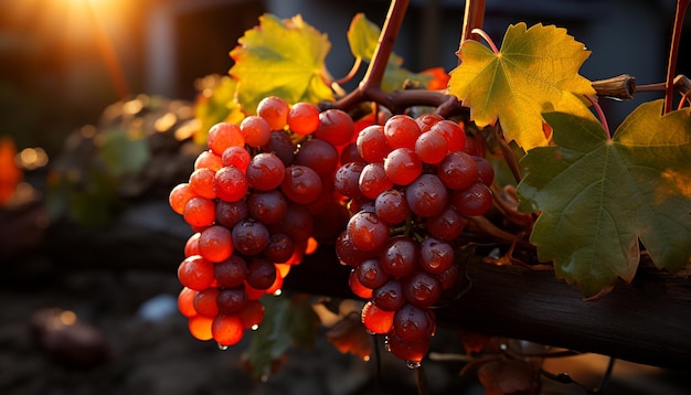 Świeżość jesiennych dojrzałych owoców winogron na winiarstwie natury winorośli generowana przez sztuczną inteligencję