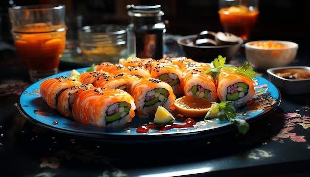 Bezpłatne zdjęcie Świeżość na talerzu owoce morza sashimi maki sushi awokado nori generowana przez sztuczną inteligencję