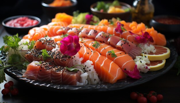 Świeżość na talerzu owoce morza sashimi nigiri maki sushi warzywo generowane przez sztuczną inteligencję