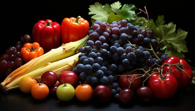 Bezpłatne zdjęcie Świeżość natury, winogrona, pomidory, warzywa, owoce generowane przez sztuczną inteligencję