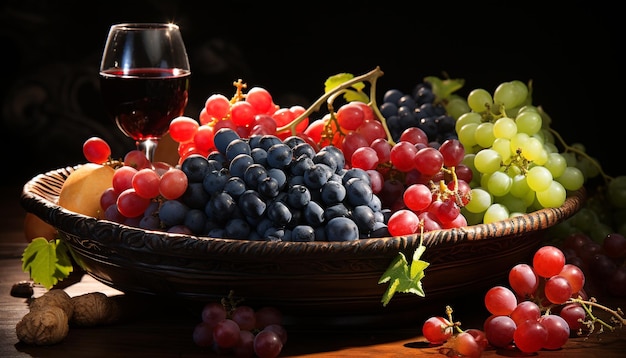 Bezpłatne zdjęcie Świeżość natury, wykwintne wino stołowe z dojrzałego drewna winogronowego, generowane przez sztuczną inteligencję
