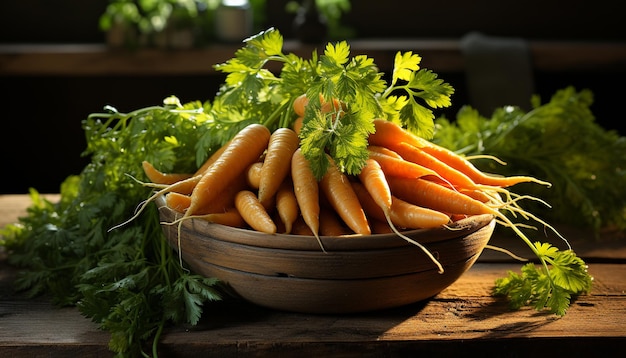 Bezpłatne zdjęcie Świeżość organicznych warzyw, zdrowe odżywianie na rustykalnym drewnianym stole generowana przez sztuczną inteligencję