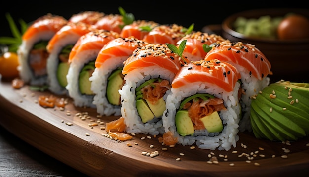 Świeżość zwinięta na talerzu selektywna koncentracja na sushi maki generowanym przez sztuczną inteligencję