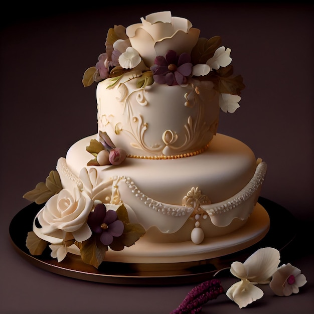 Świeży bukiet słodkiej miłości weselnej z tortem wygenerowany przez AI