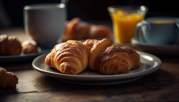 Bezpłatne zdjęcie Świeży croissant na rustykalnym stole z kawą generowaną przez ai