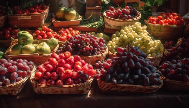 Bezpłatne zdjęcie Świeży kosz owoców, dojrzała, soczysta, organiczna odmiana generowana przez sztuczną inteligencję