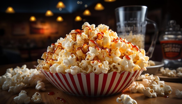 Bezpłatne zdjęcie Świeży popcorn i napoje gazowane, doskonała przekąska w kinie, wygenerowana przez sztuczną inteligencję.