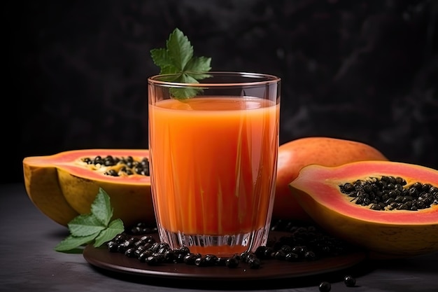 Bezpłatne zdjęcie Świeży sok z papai w szkle z owocami papai na drewnianym stole i czarnym tle ai generatywny