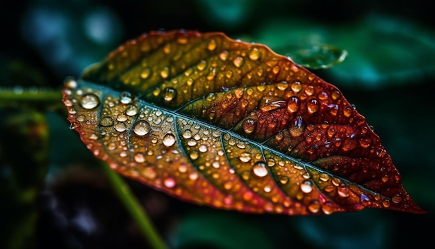 Bezpłatne zdjęcie Świeży zielony liść z odbiciem kropli rosy wygenerowanym przez sztuczną inteligencję