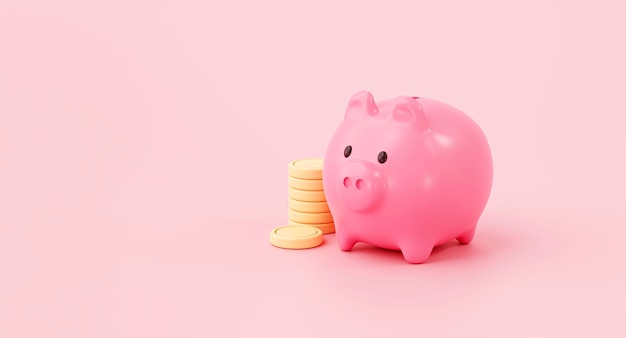Świnka skarbonka i koncepcja oszczędności monet na różowym tle renderowania 3d