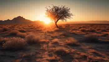 Bezpłatne zdjęcie sylwetka drzewa na wydmie o zachodzie słońca wygenerowana przez sztuczną inteligencję