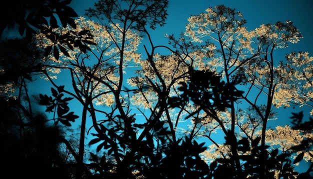 Bezpłatne zdjęcie sylwetka drzewa podświetlana żywym, zachodzącym słońcem niebem generowanym przez sztuczną inteligencję
