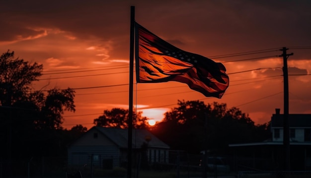 Sylwetka flagi lecącej na tle tętniącego życiem nieba o zachodzie słońca wygenerowana przez sztuczną inteligencję
