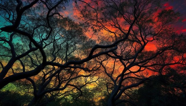 Sylwetka gałęzi drzewa podświetlana przez zachód słońca wygenerowana przez sztuczną inteligencję