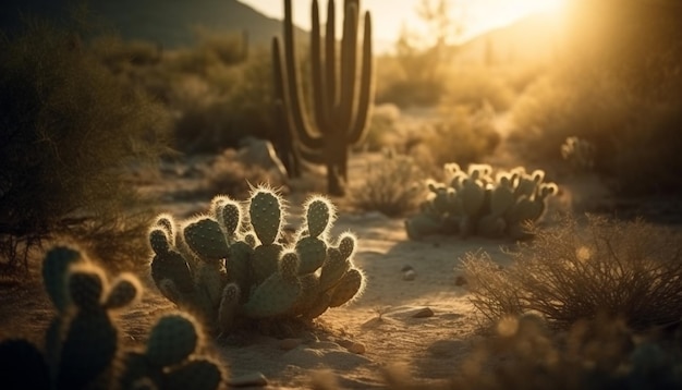 Sylwetka kaktusa saguaro podświetlona przez zachód słońca wygenerowana przez sztuczną inteligencję