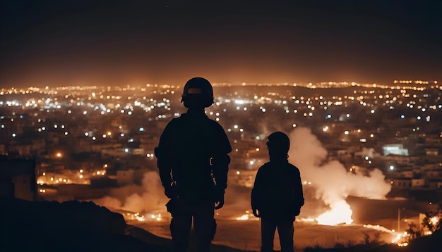 Bezpłatne zdjęcie sylwetka mężczyzny i dziecka w masce gazowej na tle nocnego miasta