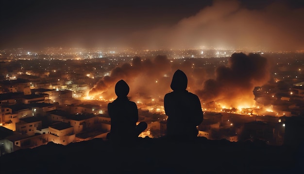 Bezpłatne zdjęcie sylwetka muzułmańskiego mężczyzny modlącego się nad krajobrazem miasta w nocy